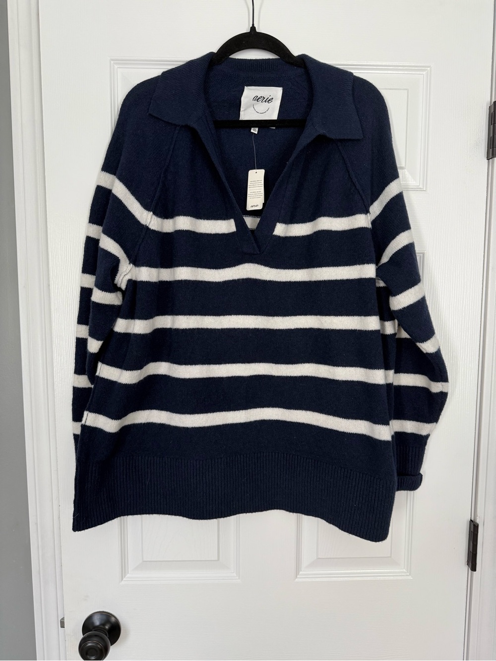 Aerie Navy & White Striped V‑Neck Polo Sweater- size S